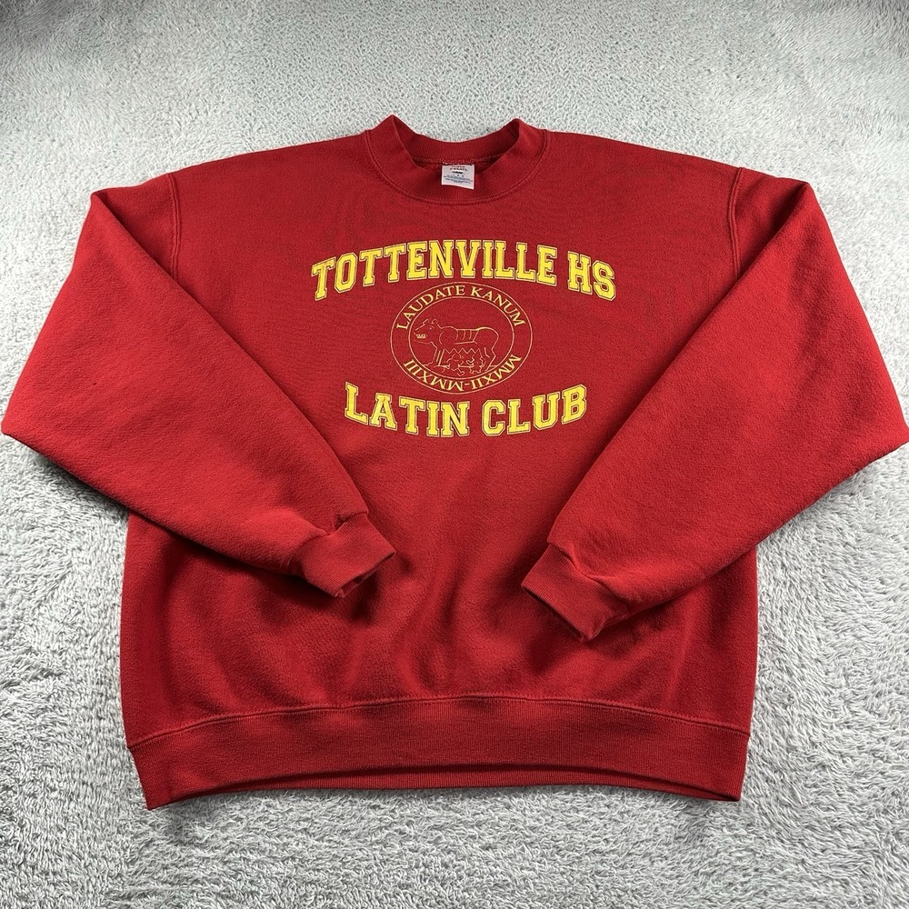 Vintage Tottenville‎ HS Latin Club Crewneck Sweater Mens Large Red Yellow Retro